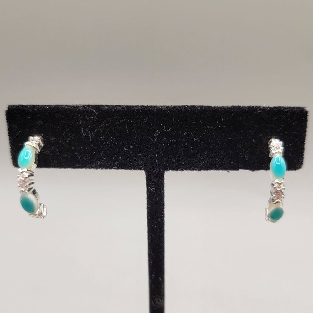Turquoise Color Silver Tone Half Hoop Earrings With Stud Back